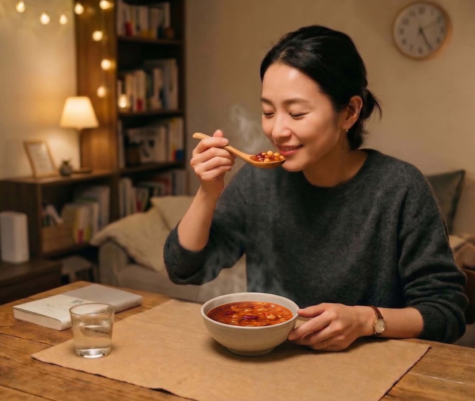 スープを食べる女性